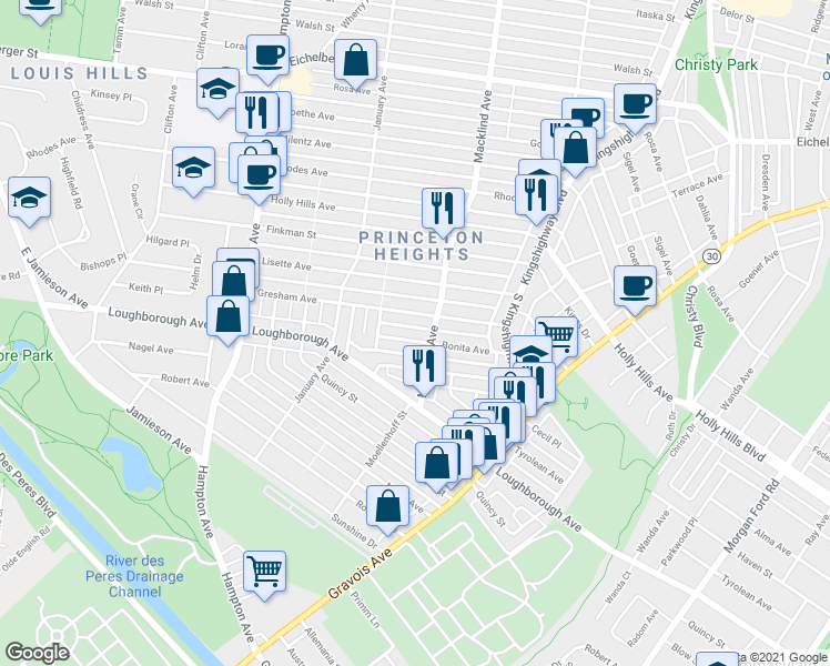 map of restaurants, bars, coffee shops, grocery stores, and more near 5217 Bonita Ave in St Louis