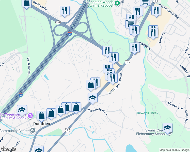 map of restaurants, bars, coffee shops, grocery stores, and more near 17460 Wilson Street in Dumfries