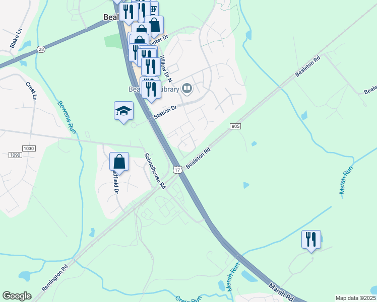 map of restaurants, bars, coffee shops, grocery stores, and more near 6186 Willow Place in Bealeton