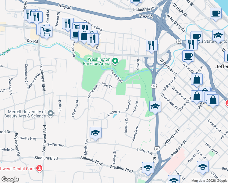map of restaurants, bars, coffee shops, grocery stores, and more near 903 Coplen Court in Jefferson City