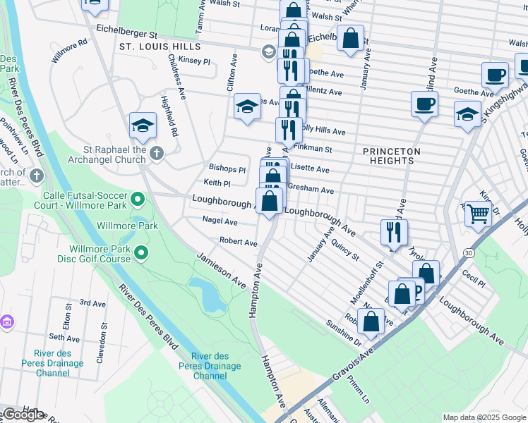 map of restaurants, bars, coffee shops, grocery stores, and more near 6902 Southland Avenue in St. Louis
