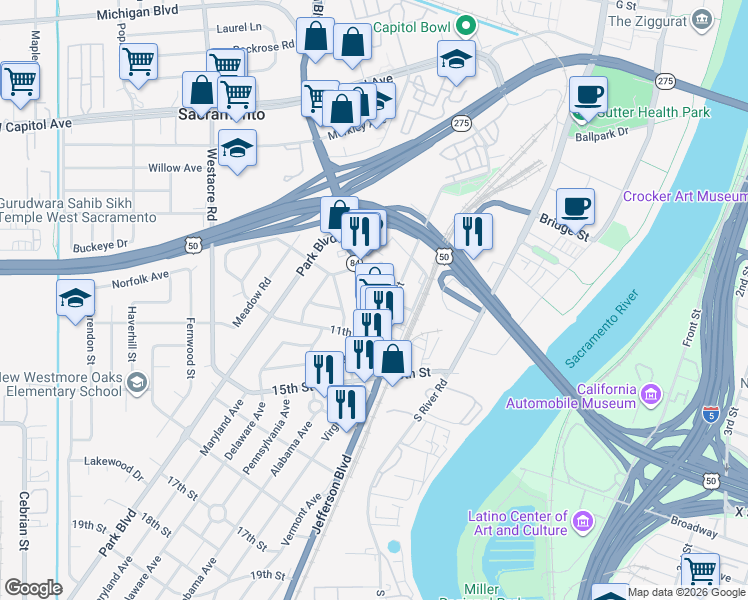 map of restaurants, bars, coffee shops, grocery stores, and more near 1029 Jefferson Boulevard in West Sacramento