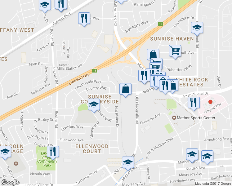 map of restaurants, bars, coffee shops, grocery stores, and more near 10449 Countryside Way in Rancho Cordova