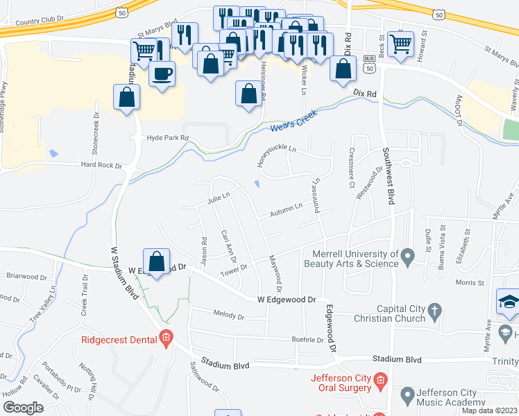 map of restaurants, bars, coffee shops, grocery stores, and more near 835 Maywood Drive in Jefferson City
