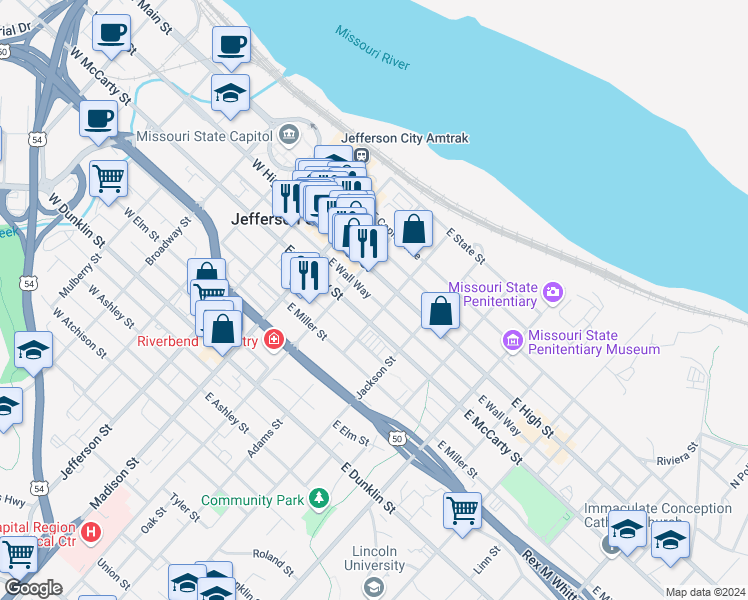 map of restaurants, bars, coffee shops, grocery stores, and more near 310 Adams Street in Jefferson City