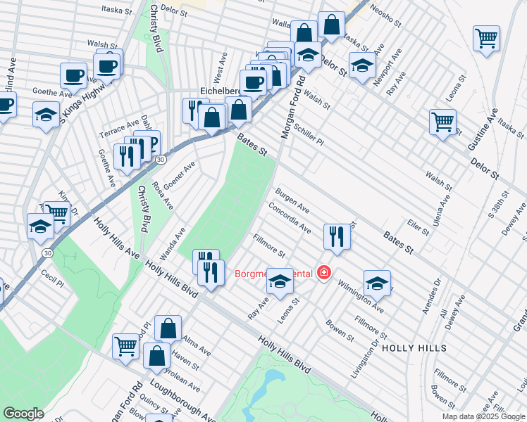 map of restaurants, bars, coffee shops, grocery stores, and more near 5714 Morganford Road in St. Louis