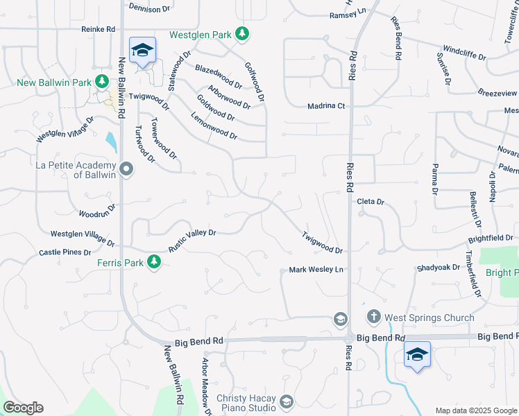 map of restaurants, bars, coffee shops, grocery stores, and more near 523 Rustic Valley Drive in Ballwin