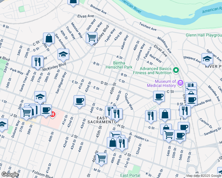 map of restaurants, bars, coffee shops, grocery stores, and more near 430 45th Street in Sacramento