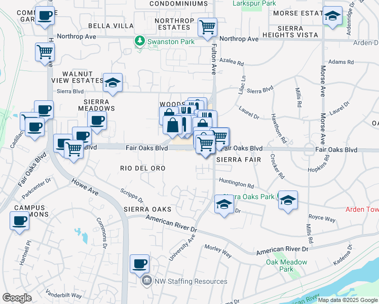 map of restaurants, bars, coffee shops, grocery stores, and more near 2510 Fair Oaks Boulevard in Sacramento