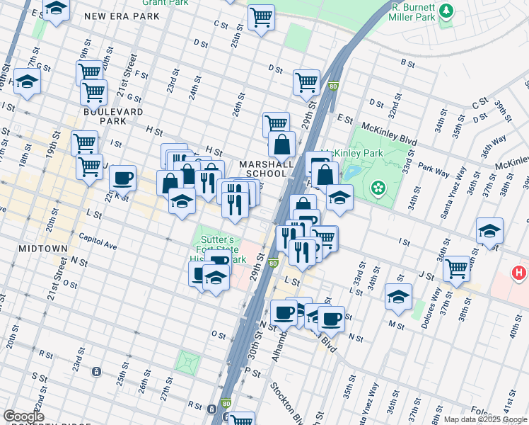 map of restaurants, bars, coffee shops, grocery stores, and more near 2825 J Street in Sacramento