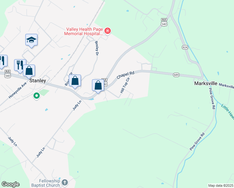 map of restaurants, bars, coffee shops, grocery stores, and more near 223 Hill Top Circle in Stanley