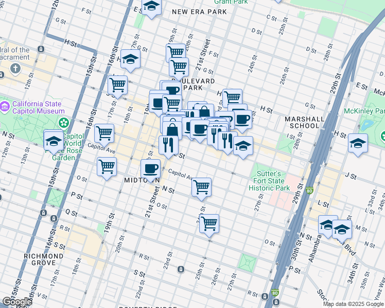 map of restaurants, bars, coffee shops, grocery stores, and more near 2211 L Street in Sacramento