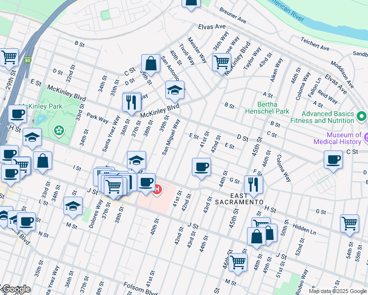 map of restaurants, bars, coffee shops, grocery stores, and more near 548 40th Street in Sacramento