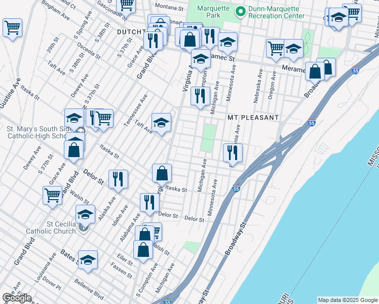 map of restaurants, bars, coffee shops, grocery stores, and more near 4537 South Compton Avenue in St. Louis