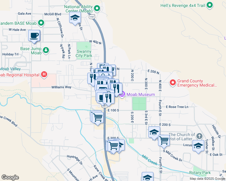 map of restaurants, bars, coffee shops, grocery stores, and more near 57 East Center Street in Moab