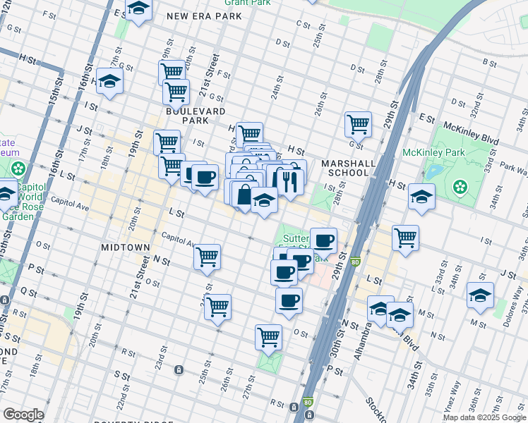 map of restaurants, bars, coffee shops, grocery stores, and more near 2525 K Street in Sacramento