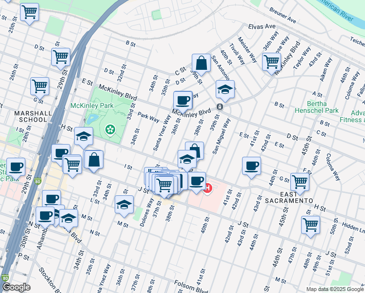map of restaurants, bars, coffee shops, grocery stores, and more near 625 37th Street in Sacramento