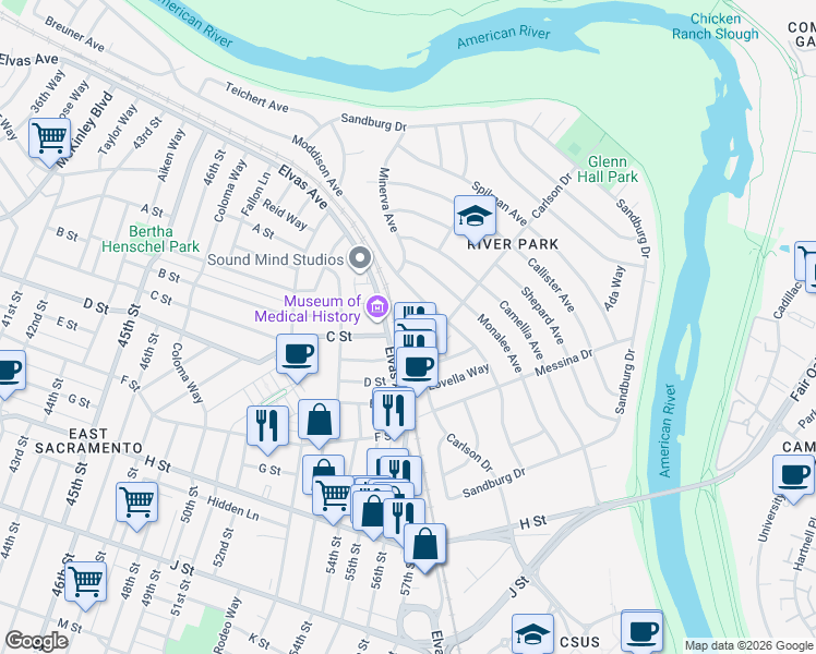 map of restaurants, bars, coffee shops, grocery stores, and more near 5481 Carlson Drive in Sacramento