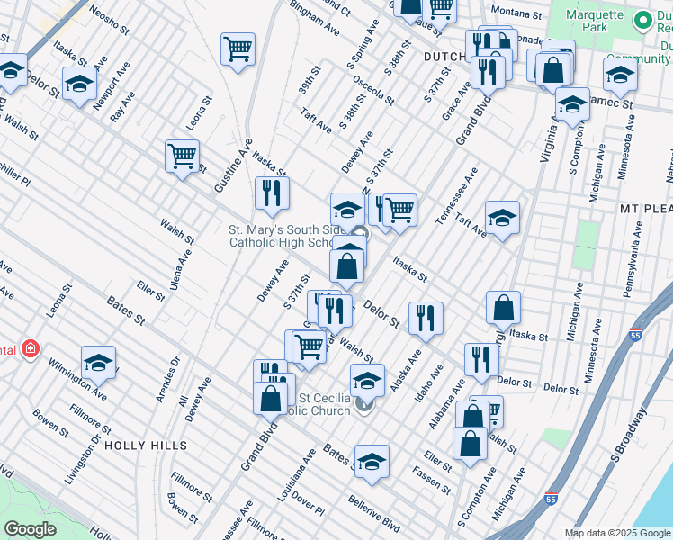 map of restaurants, bars, coffee shops, grocery stores, and more near 4715 South Grand Boulevard in St. Louis