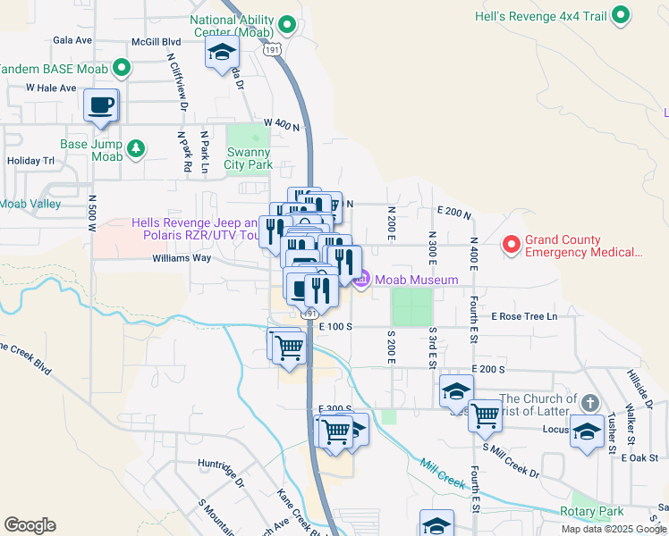 map of restaurants, bars, coffee shops, grocery stores, and more near 57 East Center Street in Moab