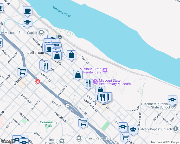 map of restaurants, bars, coffee shops, grocery stores, and more near 126 Marshall Street in Jefferson City