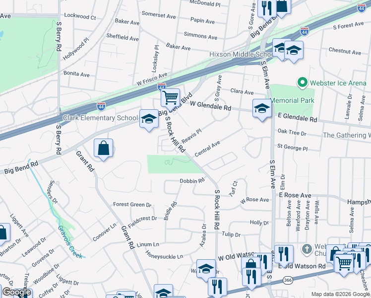 map of restaurants, bars, coffee shops, grocery stores, and more near 1120 South Rock Hill Road in St. Louis
