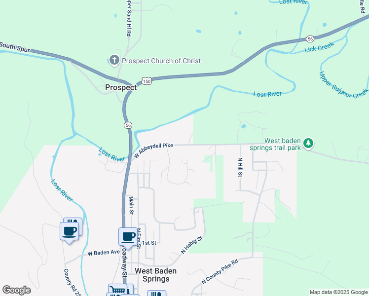 map of restaurants, bars, coffee shops, grocery stores, and more near 8047 West Abbeydell Pike in West Baden Springs