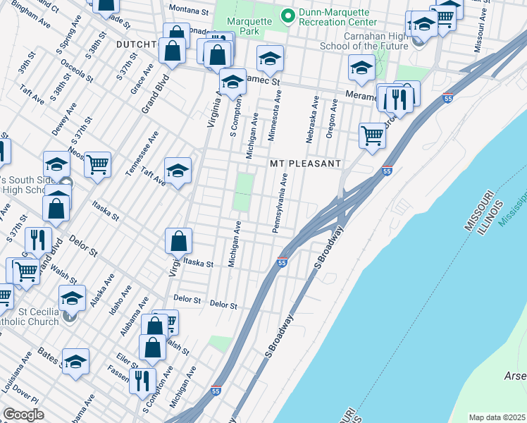map of restaurants, bars, coffee shops, grocery stores, and more near 4522 Minnesota Avenue in St. Louis