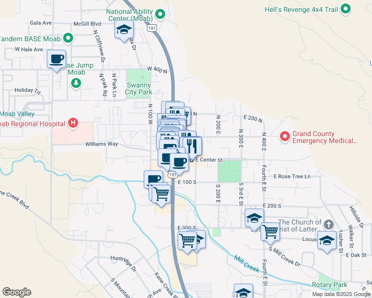 map of restaurants, bars, coffee shops, grocery stores, and more near 57 East Center Street in Moab