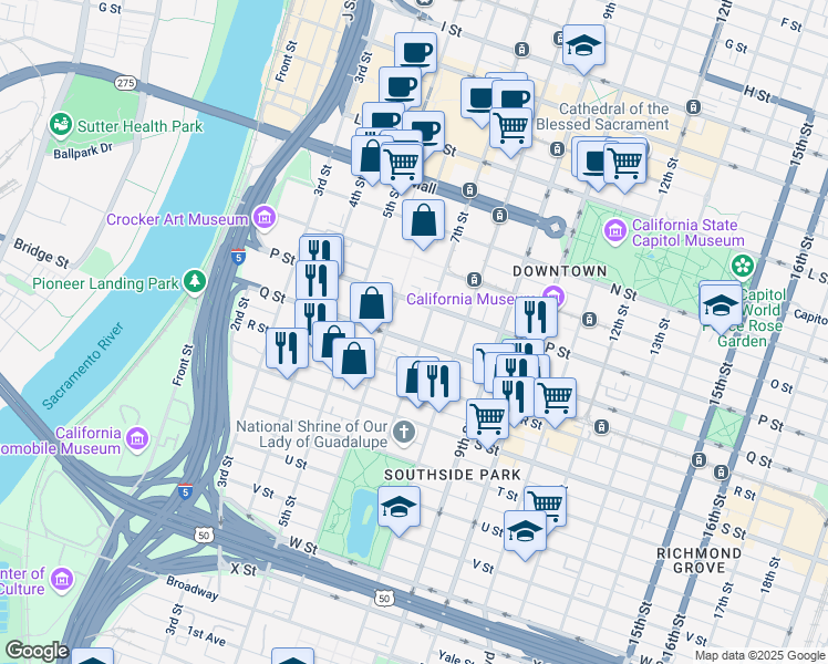 map of restaurants, bars, coffee shops, grocery stores, and more near 1624 7th Street in Sacramento