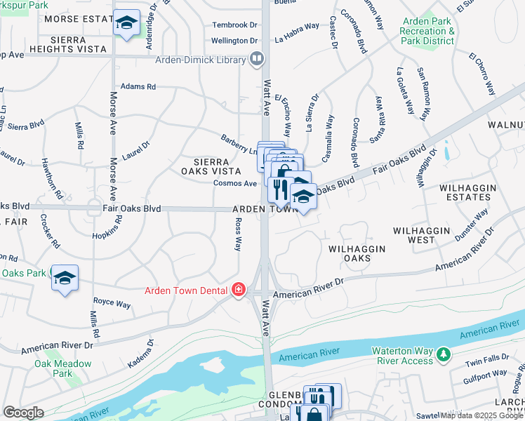 map of restaurants, bars, coffee shops, grocery stores, and more near in Arden-Arcade