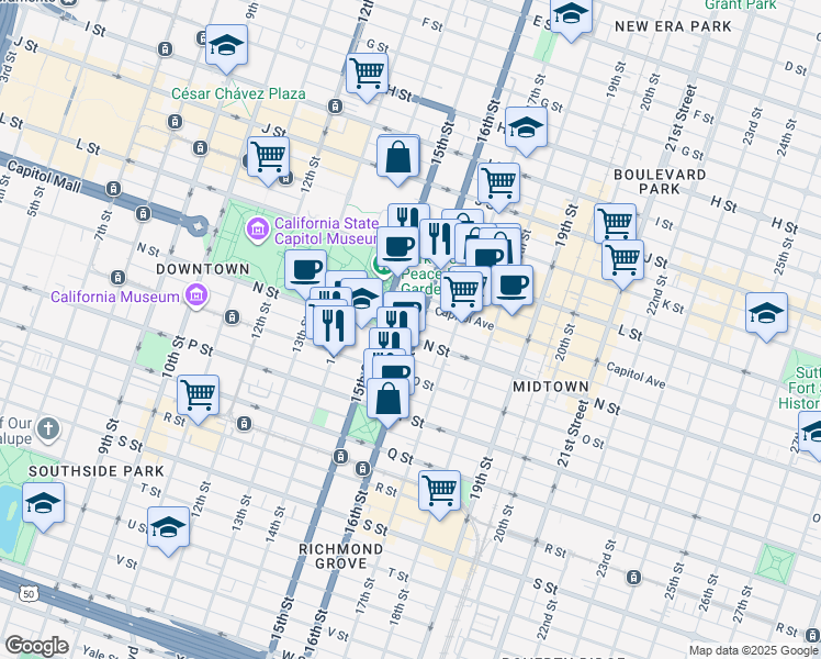 map of restaurants, bars, coffee shops, grocery stores, and more near 1513 N Street in Sacramento