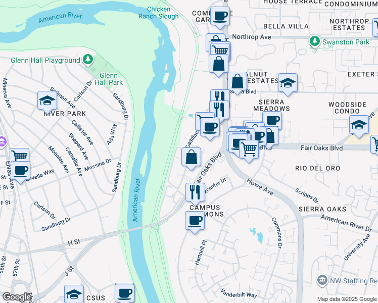map of restaurants, bars, coffee shops, grocery stores, and more near 106 Cadillac Drive in Sacramento
