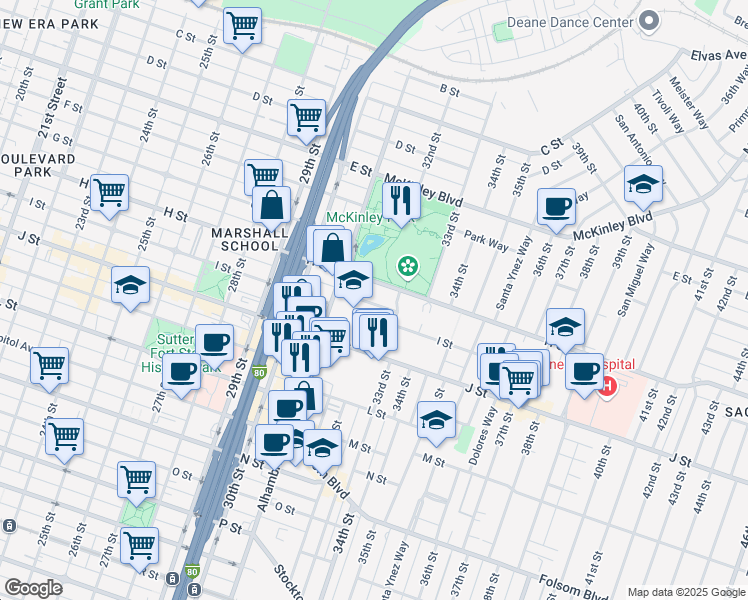 map of restaurants, bars, coffee shops, grocery stores, and more near 3225 I Street in Sacramento