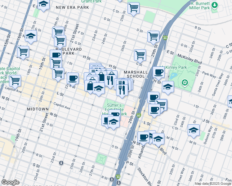 map of restaurants, bars, coffee shops, grocery stores, and more near 2612 J Street in Sacramento