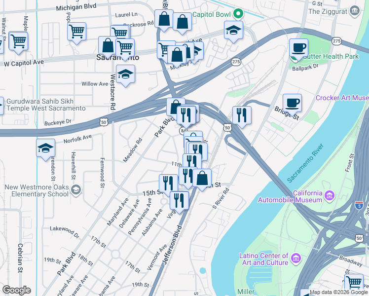 map of restaurants, bars, coffee shops, grocery stores, and more near 1029 Jefferson Boulevard in West Sacramento