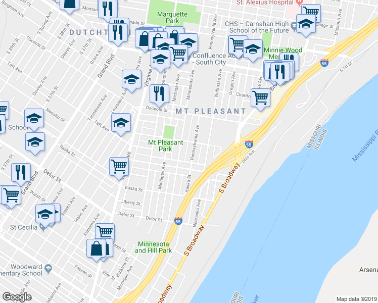 map of restaurants, bars, coffee shops, grocery stores, and more near 4522 Minnesota Avenue in St. Louis
