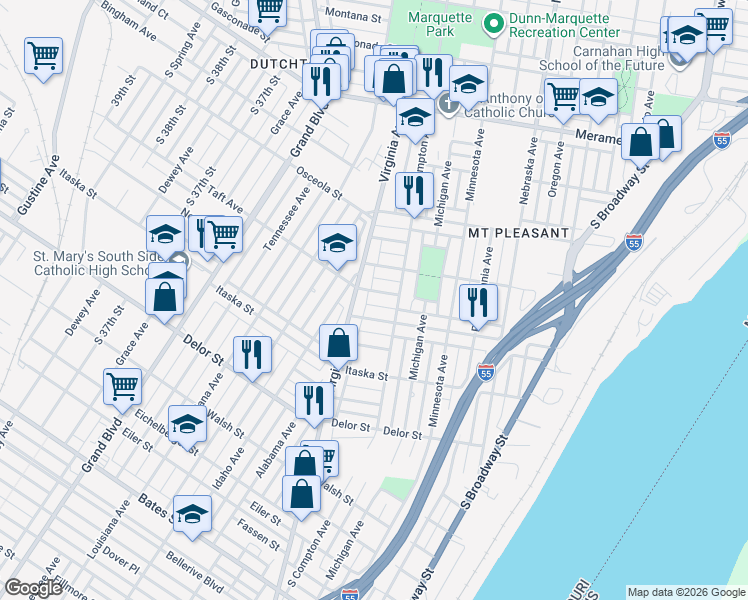 map of restaurants, bars, coffee shops, grocery stores, and more near 4537 South Compton Avenue in St. Louis