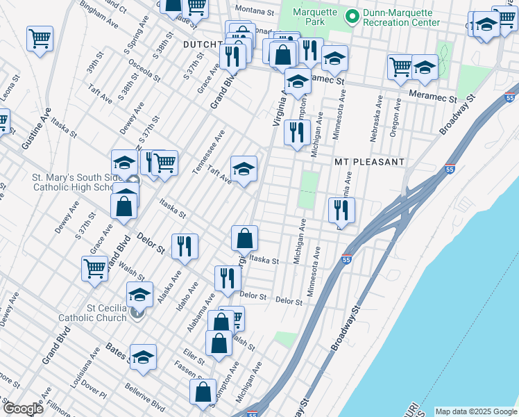 map of restaurants, bars, coffee shops, grocery stores, and more near 4542 Virginia Avenue in St. Louis