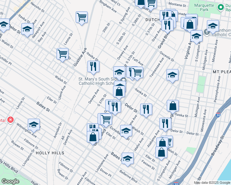 map of restaurants, bars, coffee shops, grocery stores, and more near 4715 South Grand Boulevard in St. Louis