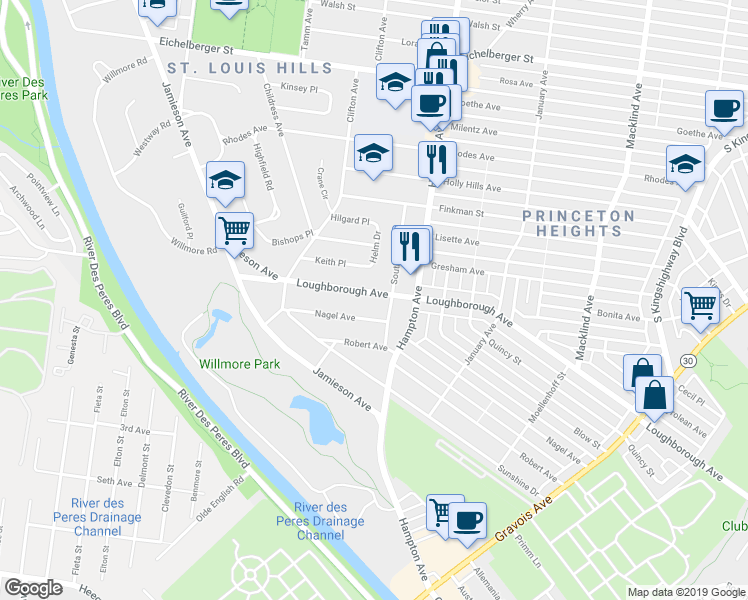 map of restaurants, bars, coffee shops, grocery stores, and more near 5926 Loughborough Avenue in St. Louis