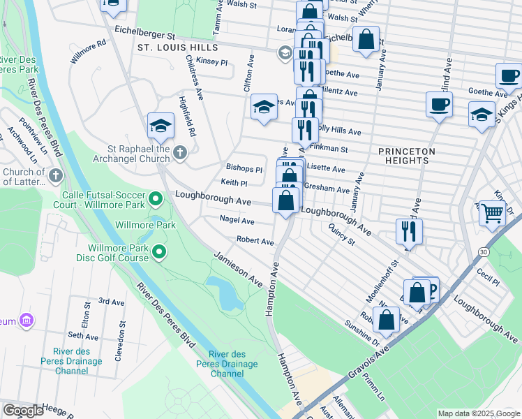 map of restaurants, bars, coffee shops, grocery stores, and more near 5926 Loughborough Avenue in St. Louis