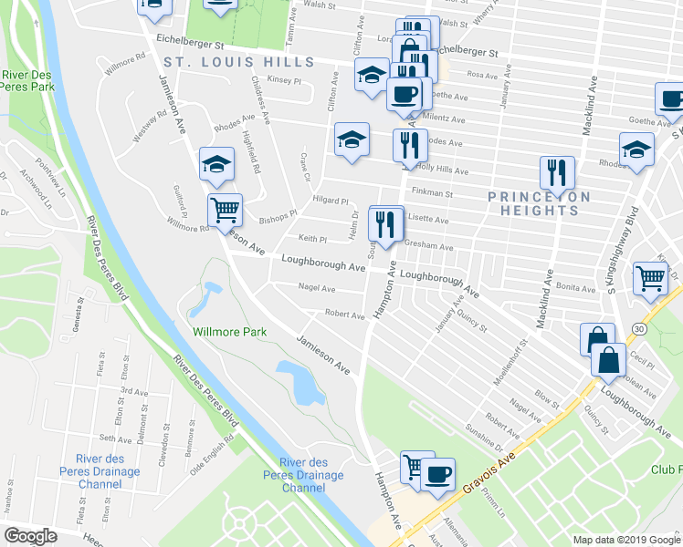 map of restaurants, bars, coffee shops, grocery stores, and more near 5926 Loughborough Avenue in St. Louis