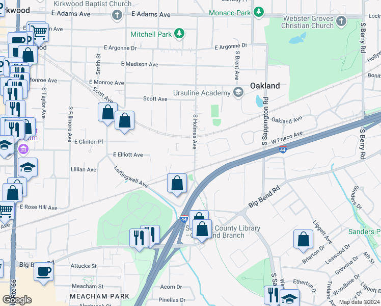 map of restaurants, bars, coffee shops, grocery stores, and more near 491 South Holmes Avenue in Kirkwood
