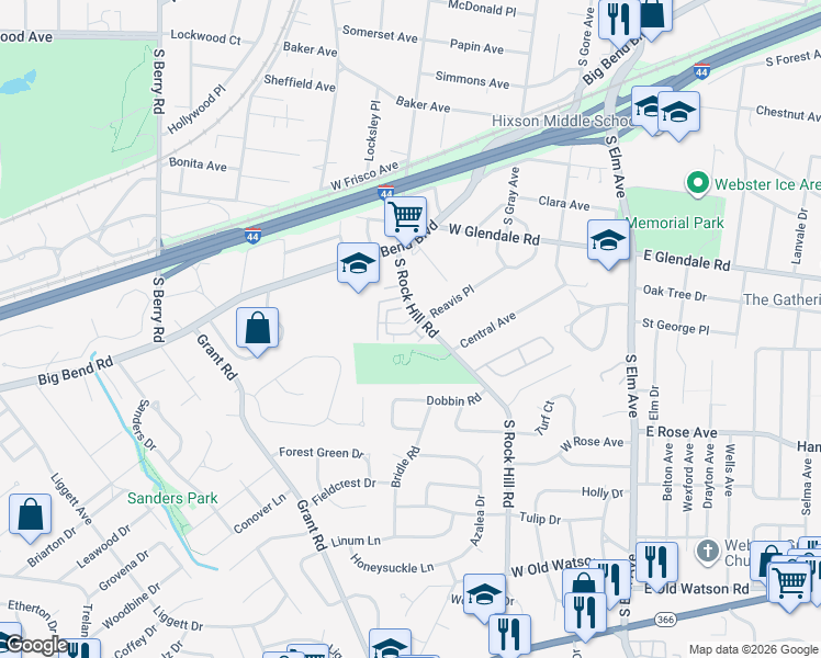 map of restaurants, bars, coffee shops, grocery stores, and more near 415 Hawken Place in Webster Groves