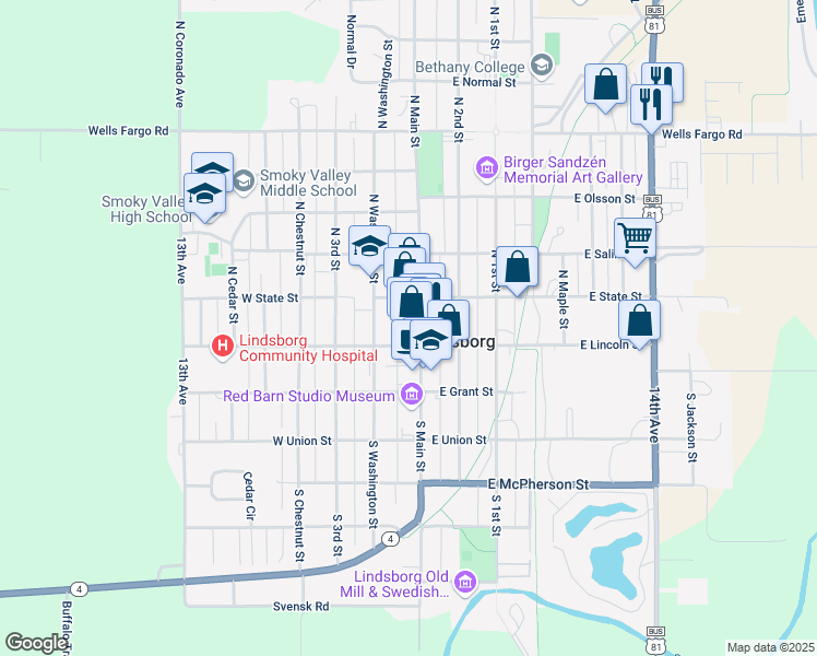 map of restaurants, bars, coffee shops, grocery stores, and more near 113 North Main Street in Lindsborg