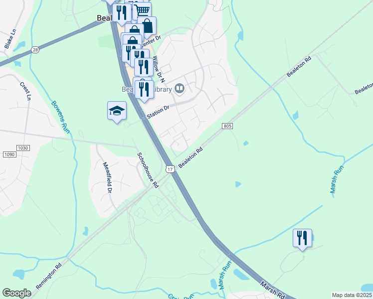 map of restaurants, bars, coffee shops, grocery stores, and more near 6180 Willow Place in Bealeton
