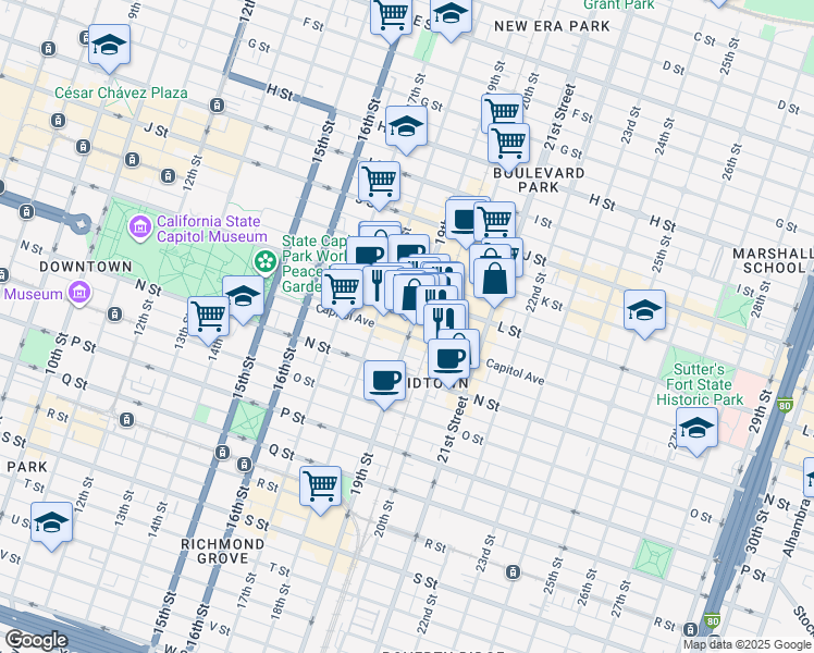 map of restaurants, bars, coffee shops, grocery stores, and more near 1928 L Street in Sacramento