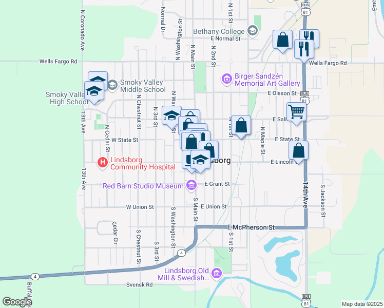 map of restaurants, bars, coffee shops, grocery stores, and more near 113 North Main Street in Lindsborg