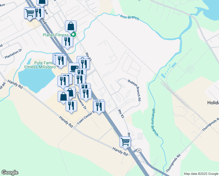 map of restaurants, bars, coffee shops, grocery stores, and more near 109 Alexandreas Court in Millsboro